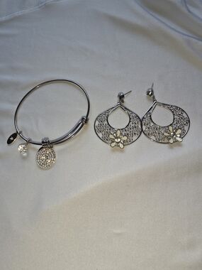 Silver Floral Earrings and Charm Bracelet Rhinestone Set